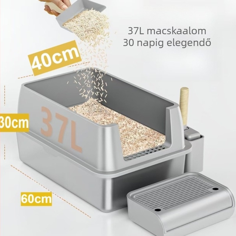 Zárt nagyméretű macskaalom-tál fém és műanyagból, levehető, könnyen tisztítható, korrózióálló