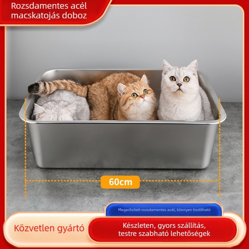 Rozsdamentes acélból készült nyitott macska WC integrált antispritz rendszerrel — alkalmas macskáknak és kutyáknak, Xinpei márka, licencelt magáncímke
