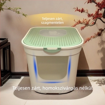 Macskaalomtál teljesen zárt, szagkontroll, fröccsenés elleni védelem, felső bejárat, PVC anyag