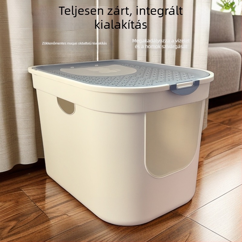 Macskaalomtál teljesen zárt, szagkontroll, fröccsenés elleni védelem, felső bejárat, PVC anyag