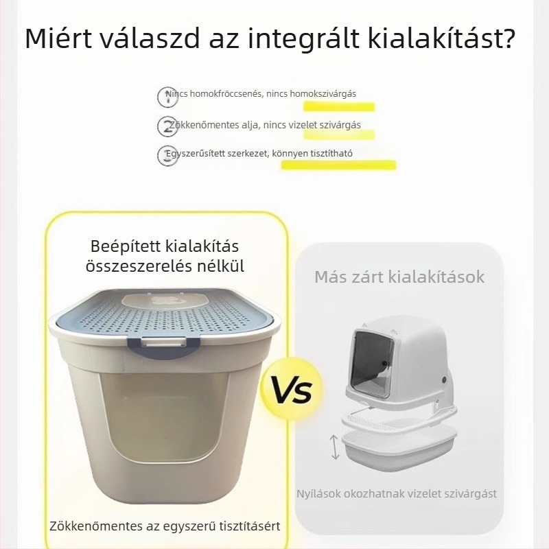 Macskaalomtál teljesen zárt, szagkontroll, fröccsenés elleni védelem, felső bejárat, PVC anyag