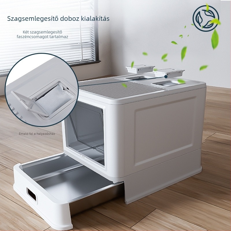 Fiókos típusú macska WC, szagtalan, összecsukható, teljesen zárt, extra-nagy méretű, hordozható