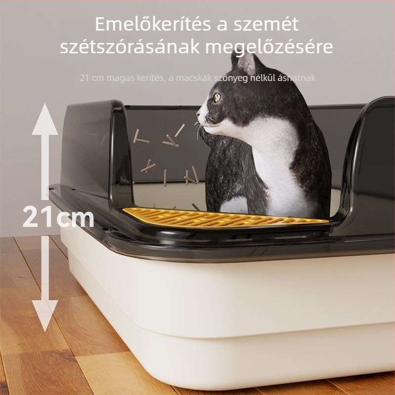 Macska WC – emelt, fél-zárt, nyitott stílusú, csúszásmentes és elkerülő funkciókkal; PVC anyag; alkalmas kiscicáknak és felnőtt macskáknak