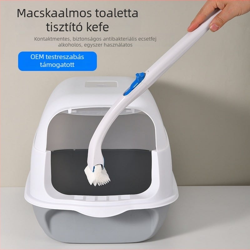 Macskaalomtál tisztító keféje alkoholtartalmú fejjel, külön csomagolásban; érintésmentes használat; antibakteriális és sterilizáló; szagok eltávolítása. Anyag: ABS műanyag.