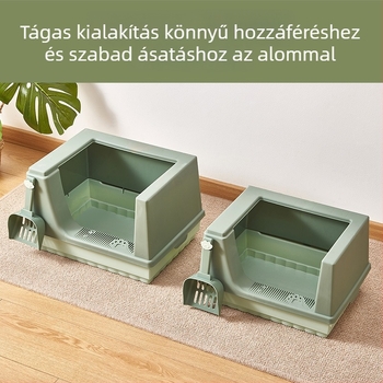 Félig zárt macskaalom-doboz magas oldalakkal, szag elleni védelem és fröccsenés elleni védelem, tág belső tér