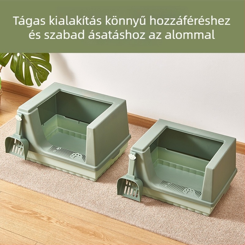 Félig zárt macskaalom-doboz magas oldalakkal, szag elleni védelem és fröccsenés elleni védelem, tág belső tér