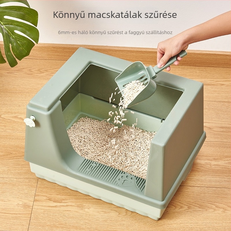 Félig zárt macskaalom-doboz magas oldalakkal, szag elleni védelem és fröccsenés elleni védelem, tág belső tér
