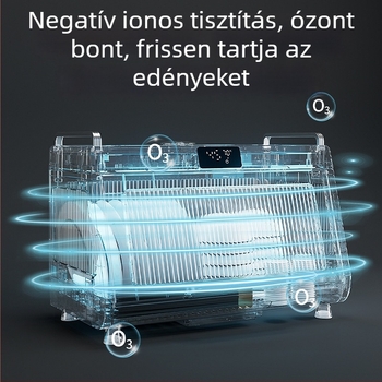 Kompakt konyhai edényállvány beépített szárítással és fertőtlenítéssel tányérokhoz és evőeszközökhöz