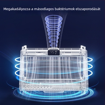 Kompakt konyhai edényállvány beépített szárítással és fertőtlenítéssel tányérokhoz és evőeszközökhöz