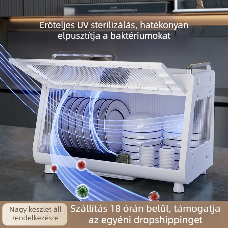 Kompakt konyhai edényállvány beépített szárítással és fertőtlenítéssel tányérokhoz és evőeszközökhöz