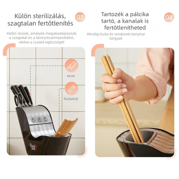 Minden egyben fertőtlenítő késállvány és evőpálcika-tároló doboz szárítási funkcióval • anyag PP+PET • asztali kivitel • minimalist stílus