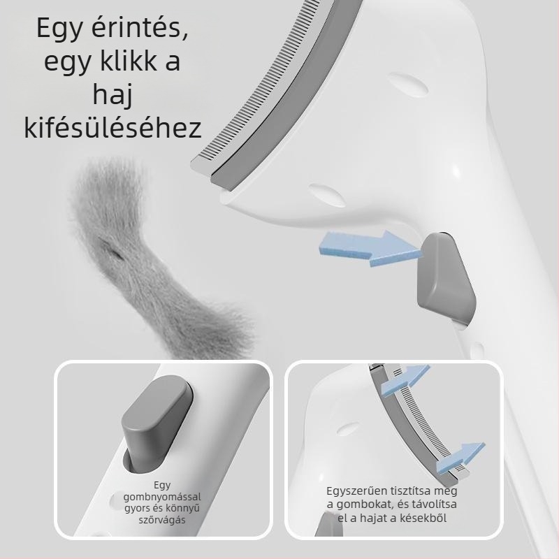 Állati szőr eltávolító fésű — ívelt, finom fogú, macska- és kutyafélék számára; Anyag: műanyag + rozsdamentes acél; 117 g/doboz; 120 doboz kartononként