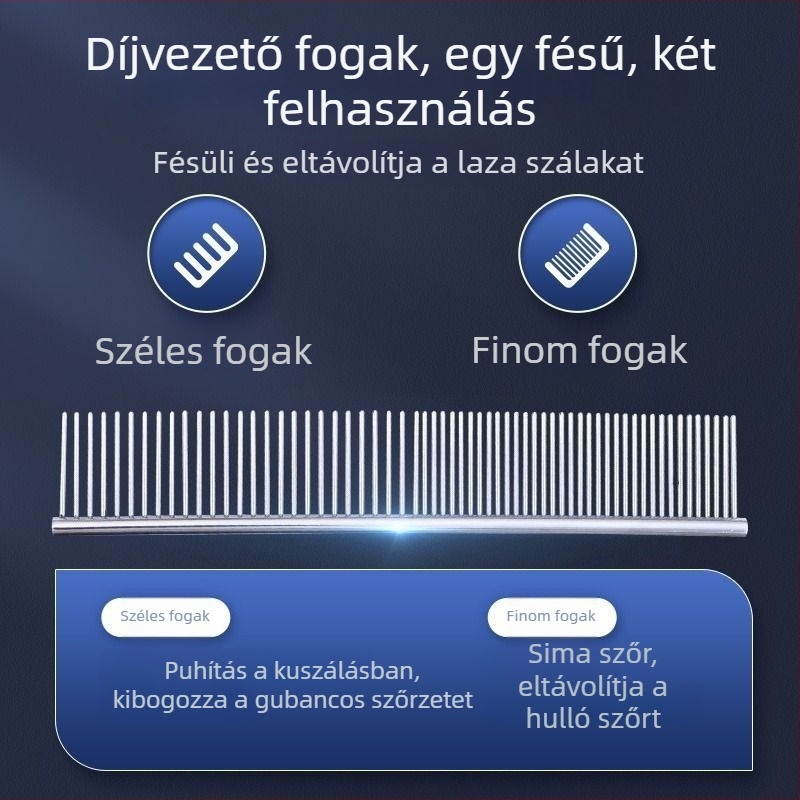 Rozsdamentes acélból készült kisállatgrooming fésű hosszú szőrű macskák és kutyák szőrének kifésülésére, sűrű fogú egyenes sorban