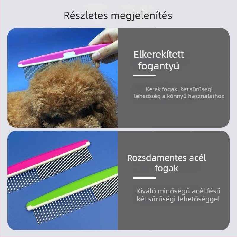 Állatgondozó fésű hosszú szőrű macskáknak és kutyáknak, csomóoldó fésű sűrű, egyenes fogakkal