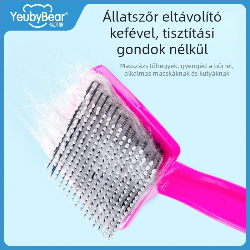 Youbei Bear háziállatok részére készült kifésülő és masszírozó kefe — műanyag tűs kefe, PP+PA66, méretei 13.5 × 6 × 4 cm