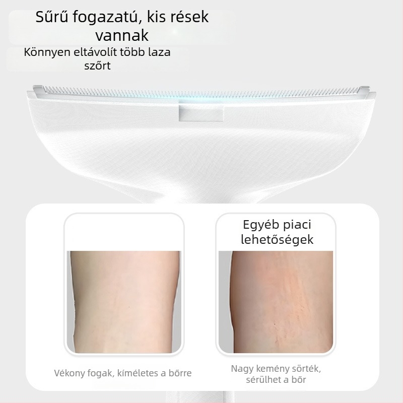 Állatszőr vékonyító eszköz ívelt pengével, csomómentesítő fésű és szőr eltávolító kés