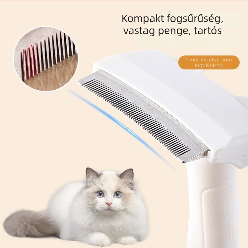 Macska- és kutyaápolási fésű görbült éllel és vékonyító fogakkal — ABS és acél