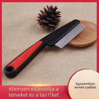 Állatgondozó fésű műanyag- és acél konstrukcióval, acélrács, finom fogak, bolha fésű, kutyáknak és macskáknak a szőrhullás eltávolításához
