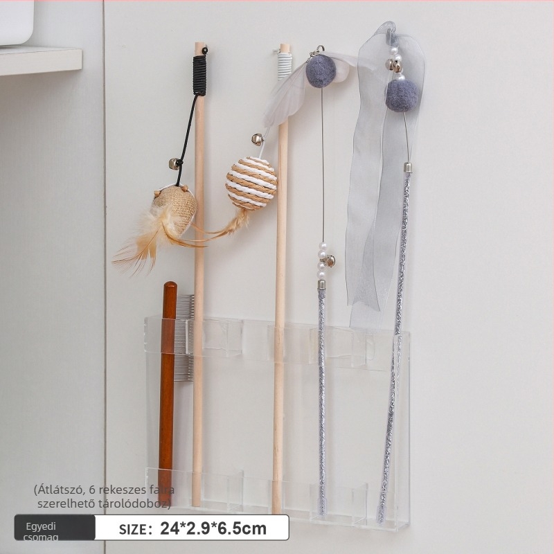 Falihoz szerelhető macska játékok tárolója — lyukasztásmentes telepítés; PET anyag;téglalap alakú design; modern minimál stílus; tárolás és rendszerezés.