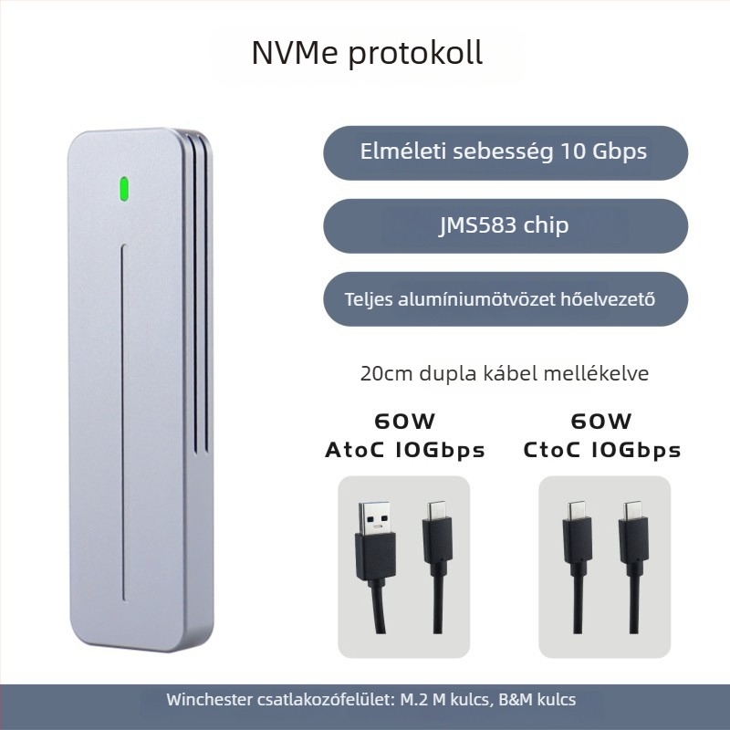 M.2 NVMe külső ház – JMS583, USB 3.2 Gen2 10Gbps, alumínium ötvözet, támogatja akár 4TB-ig