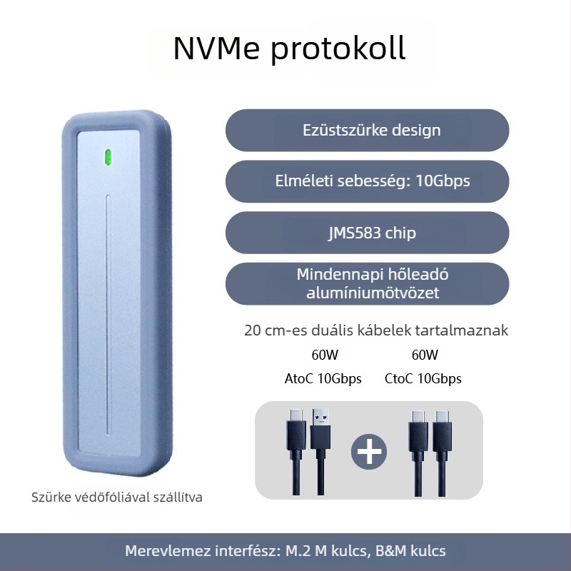M.2 NVMe külső ház – JMS583, USB 3.2 Gen2 10Gbps, alumínium ötvözet, támogatja akár 4TB-ig