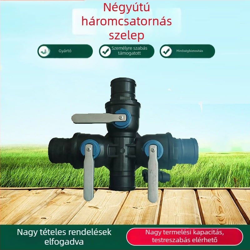 Csapadék öntözési fővezeték: háromutas és négynyílású szelep, PP+POM, nagy áramlás, széles lefedettség, egyenletes permetezés, homok elleni védelemmel; otthoni kertészkedésre, mezőgazdasági termelésre, közterületekre és kertészetre