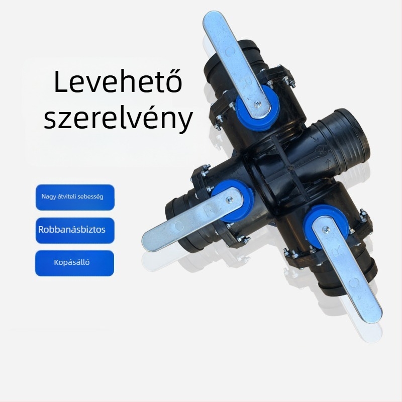 Csapadék öntözési fővezeték: háromutas és négynyílású szelep, PP+POM, nagy áramlás, széles lefedettség, egyenletes permetezés, homok elleni védelemmel; otthoni kertészkedésre, mezőgazdasági termelésre, közterületekre és kertészetre