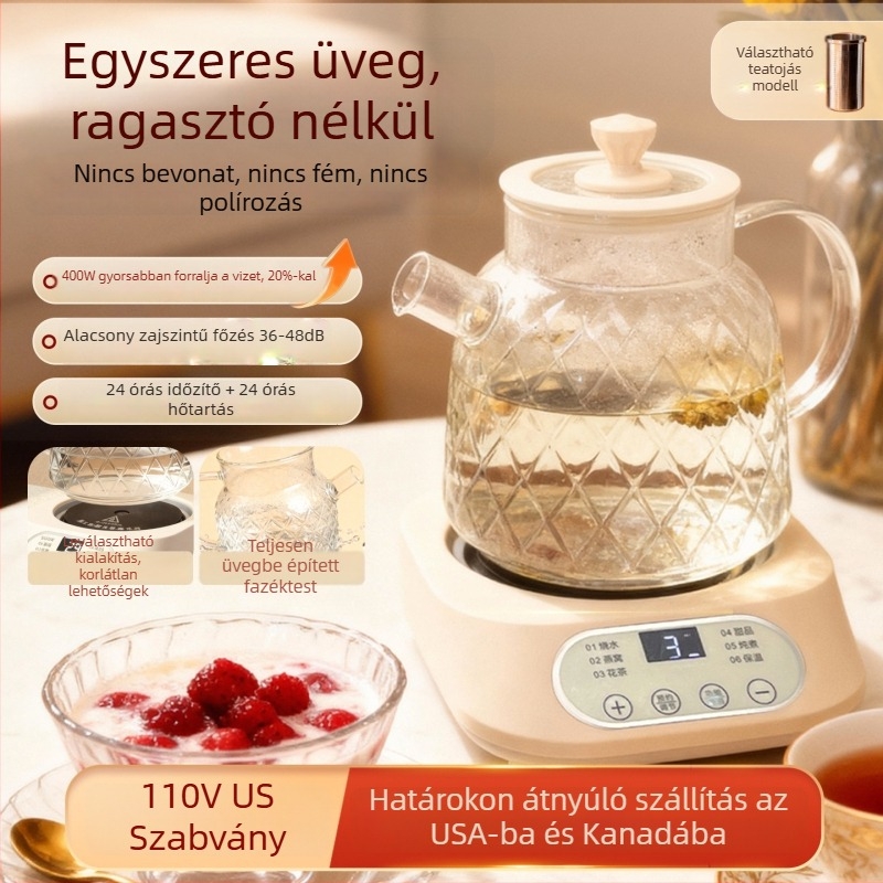 Üvegből készült egészségtudatos teáskanna virágos teához, többfunkciós, felosztható kivitel, 110V