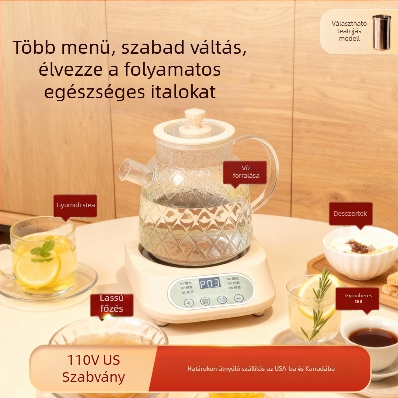 Üvegből készült egészségtudatos teáskanna virágos teához, többfunkciós, felosztható kivitel, 110V