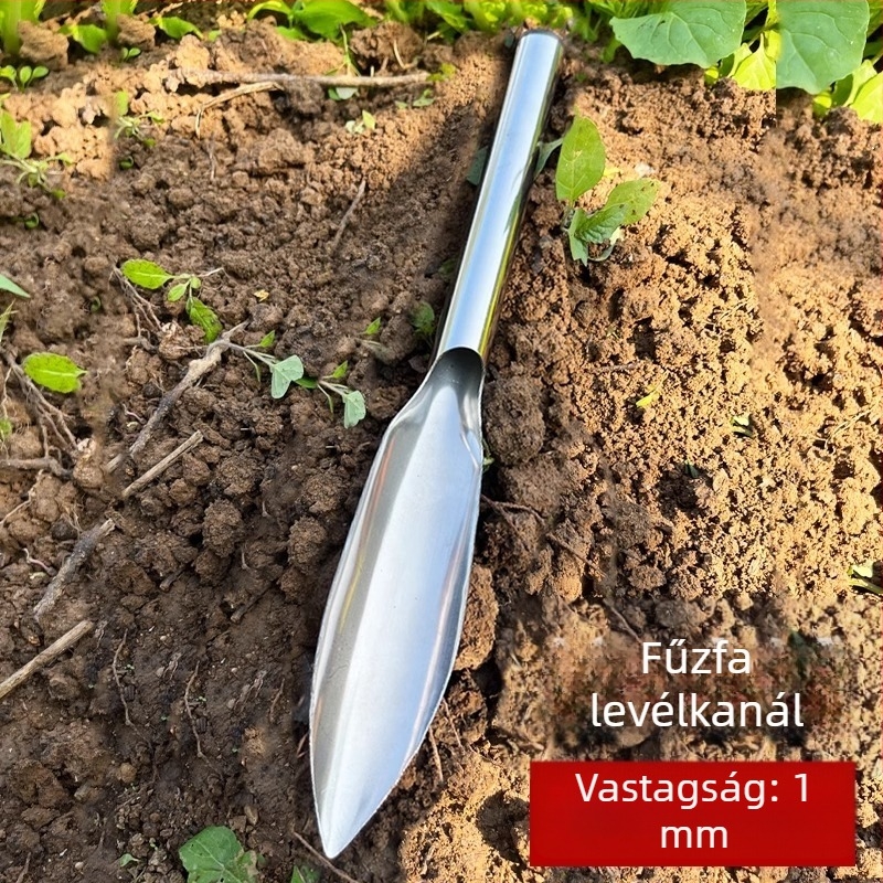 Kertész ásó nyárfalevél alakú pengével, rozsdamentes acél és mangán acél konstrukcióval, ültetéshez, gyomirtáshoz és talajásáshoz.