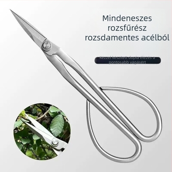 Ágak vágására szolgáló olló hosszú nyéllel, vastagított rozsdamentes acél pengével, bonsai és cserepes növényekhez