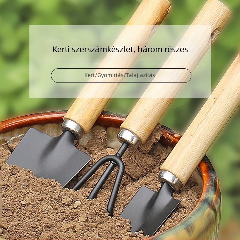 Három darabos kerti ásó készlet: nagy és kis ásóval, ültetéshez és növények gondozásához