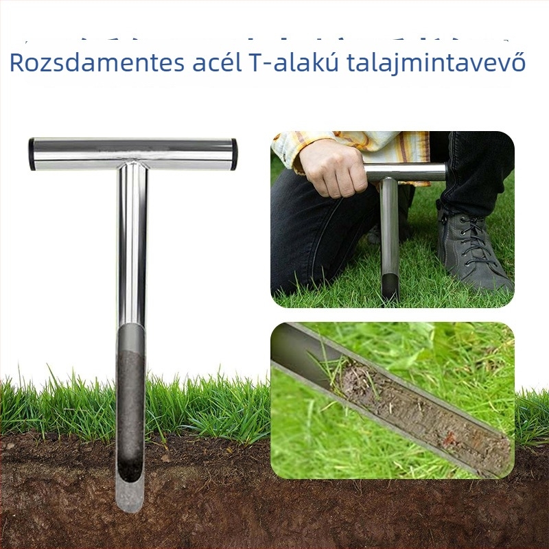 Rozsdamentes acélból készült T-típusú talajmintavételi eszköz kerthez és gyephez – hordozható