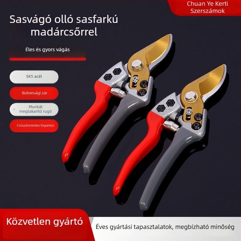 Sascsőr alakú metszőolló gyümölcsfákhoz, vastagodott pengével, ágvágásra és virágmetszésre