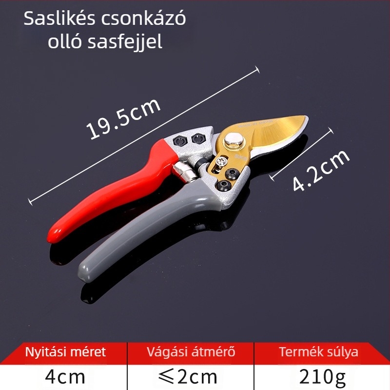 Sascsőr alakú metszőolló gyümölcsfákhoz, vastagodott pengével, ágvágásra és virágmetszésre