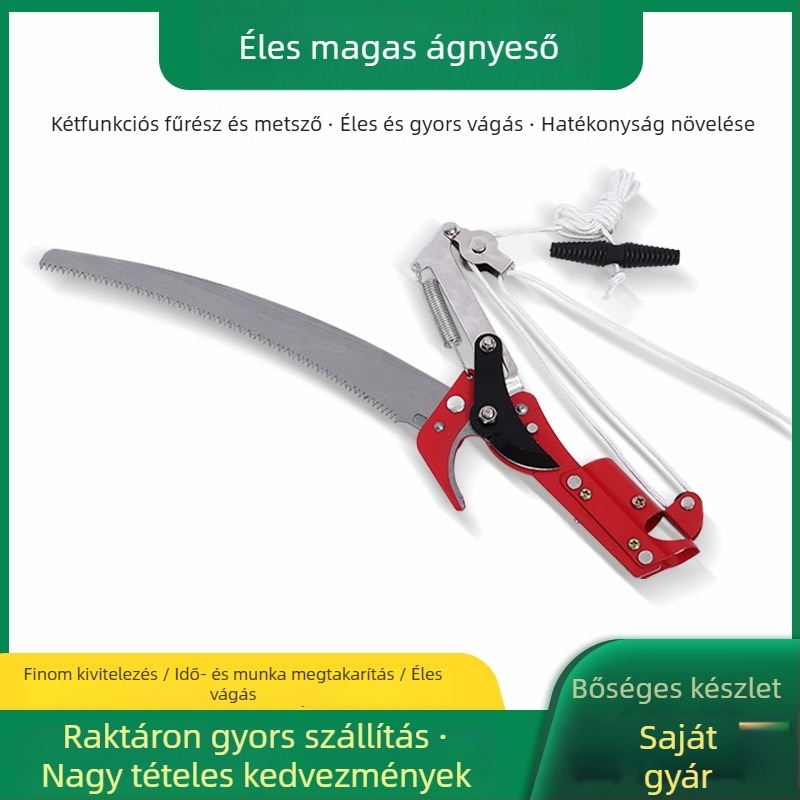 Magas ágakhoz használható 2‑az‑1‑ben ágvágó olló, teleszkópos hosszabbítással, görgős rendszerrel, nylonkötéllel, alumínium fogantyúval