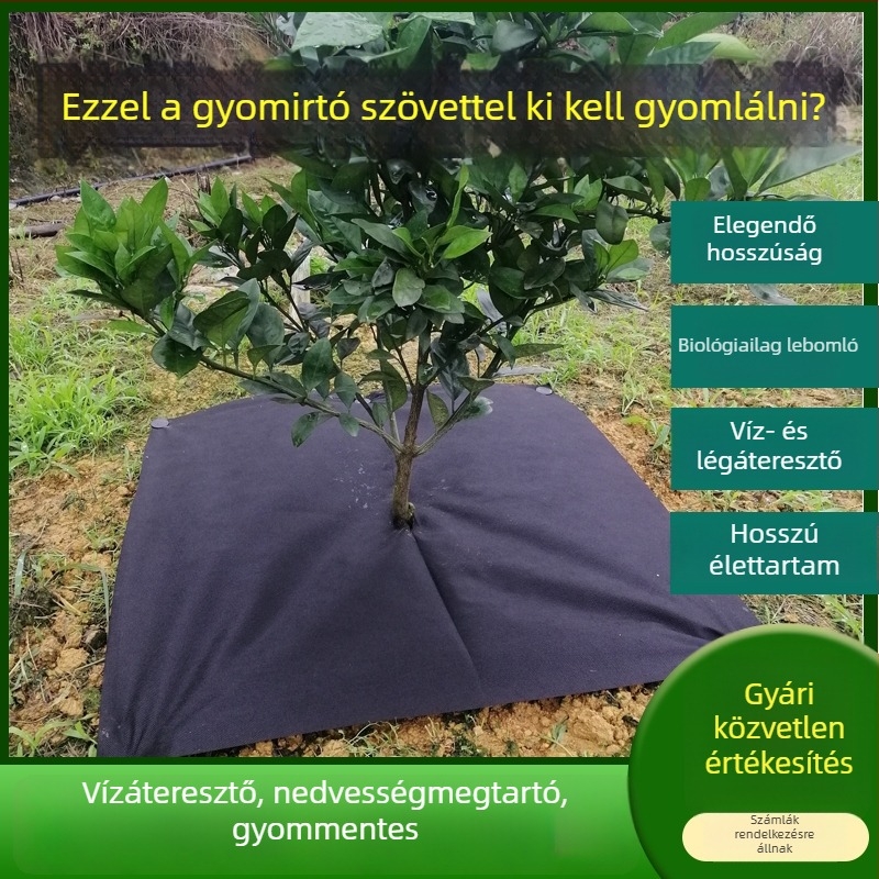 Vízáteresztő és nedvességmegőrző gyomellentakaró textília mezőgazdasági felhasználásra, gyomvédelem gyümölcsösökben