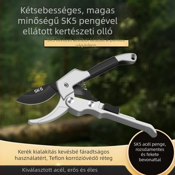 Kertészeti metszoolló görgős mechanizmussal, SK5 rozsdamentes acél pengékkel, erőfeszítés-megtakarító kialakítás nagy ágakhoz