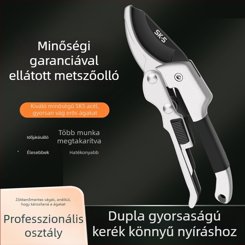 Kertészeti metszoolló görgős mechanizmussal, SK5 rozsdamentes acél pengékkel, erőfeszítés-megtakarító kialakítás nagy ágakhoz