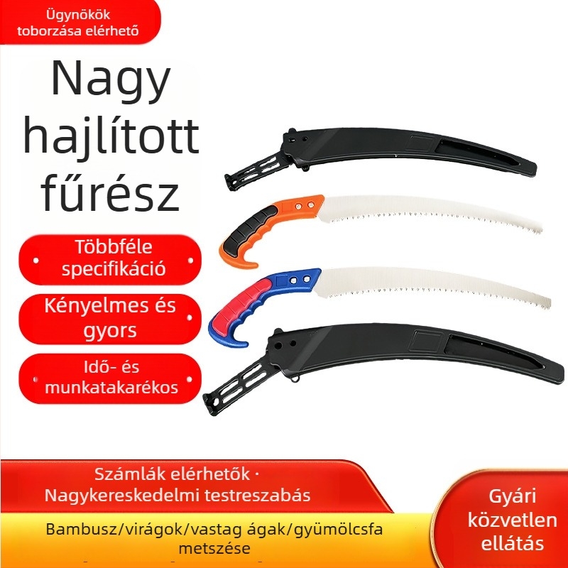Nagy görbe kertészeti kézi fűrész, hordozható, virág- és gyümölcságak metszésére.