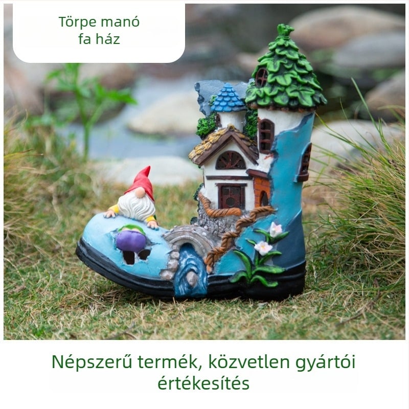 Gyanta szolár lámpa dísz kerthez – gnóm törpe faházzal, pastoral stílus, May Hong márka