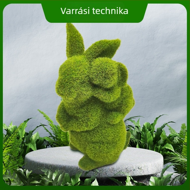 Mohás nyúl gyanta szobor — modern, letisztult stílus, műmoha textúra, gyanta műalkotás