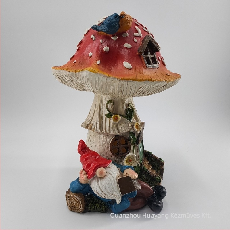 Kerti díszfigura: törpe-elf a gombaházzal, műgyanta, Huayang
