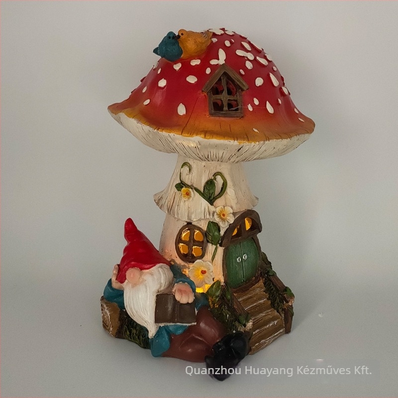 Kerti díszfigura: törpe-elf a gombaházzal, műgyanta, Huayang