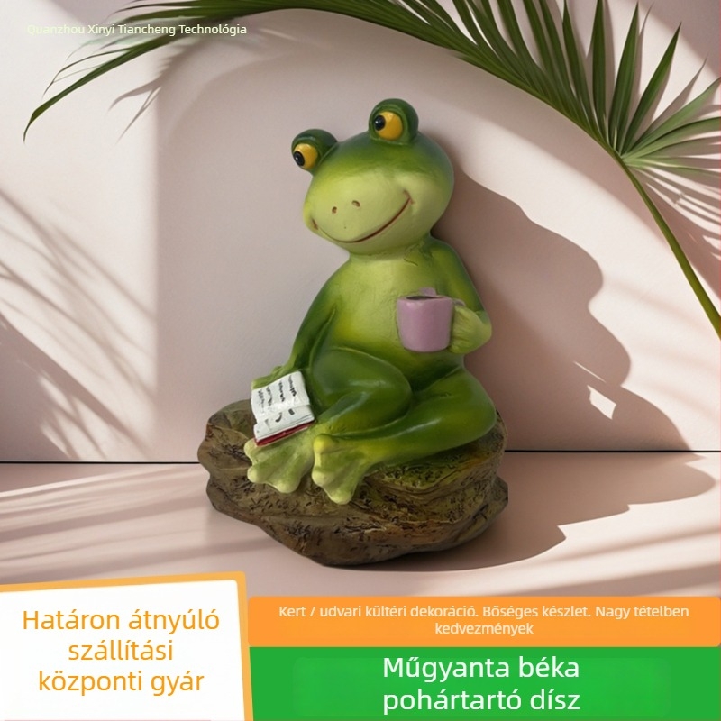 Béka szobor gyantából – rajzfilmszerű kerti dekoráció udvari tájképhez, gyanta kézműves termék