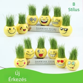 DIY fűfej porcelán mini cserepessel - mikrotáj dekorációs játék, ajándék