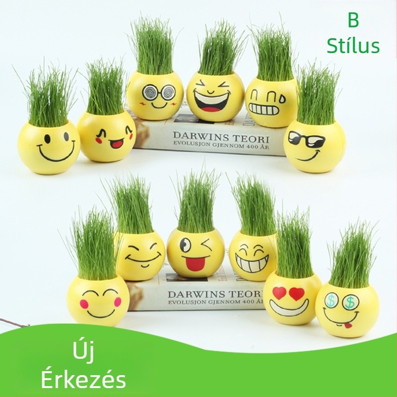 DIY fűfej porcelán mini cserepessel - mikrotáj dekorációs játék, ajándék