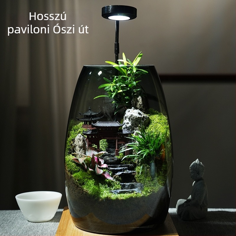 Üveg mohas mini tájkép palack — hegyi kilátás, kínai stílus, kézműves, bonsai irodai asztalhoz (habcsomagolás)