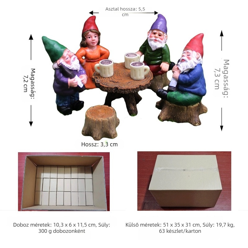 Gyanta kerti gnóm – mini figura mikro táj dekoráció, gyanta feldolgozás, karton csomagolás