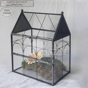 Geometriai üvegből készült virágház és háziállat-tank, réz keret, testreszabható, letisztult modern stílus, vágás és hegesztés által készített.